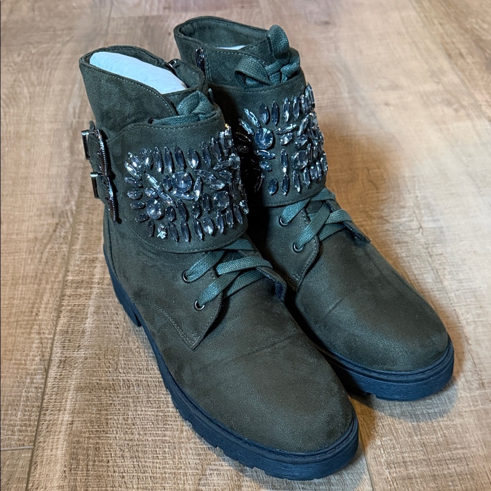 Olivia Miller Green Ankle Boots with Embellishments
